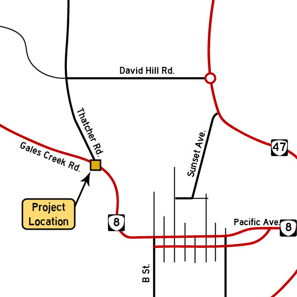 "Gales Creek and Thatcher roads intersection location map"